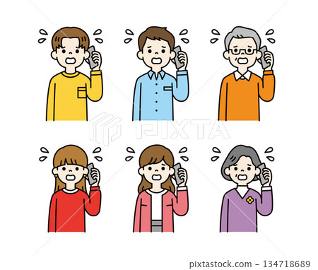 一組向量插圖素材，描繪了不同年齡段的人們驚慌失措地使用智慧型手機通話的場景 - 彩色 134718689