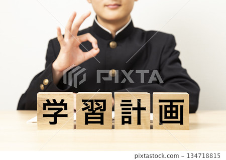 A male student making an OK sign with a block that says "Study Plan" 134718815