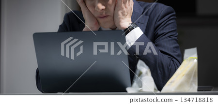 A businessman in a dark office is working overtime and is in a troubled or worried pose, screaming in front of a computer. No face. A businessman in a dark office is working overtime and is in a troubled or worried pose, screaming in front of a computer. No face. 134718818