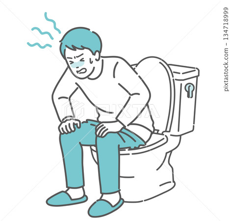Illustration of a man straining in the toilet and holding his stomach in pain (constipation, diarrhea, abdominal pain) 134718999