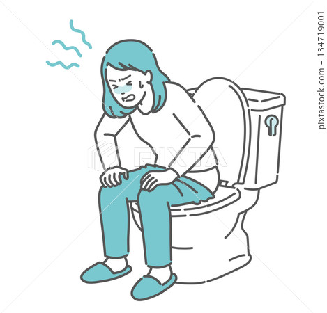 插圖描繪了一位女性在廁所裡用力排便，並因疼痛而摀著肚子（便秘、腹瀉、腹痛、經痛）。 134719001