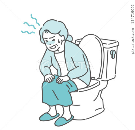 Illustration of an elderly woman straining in the toilet and holding her stomach in pain (constipation, diarrhea, abdominal pain, heat shock) Illustration of an elderly woman straining in the toilet and holding her stomach in pain (constipation, diarrhea, abdominal pain, heat shock) 134719002