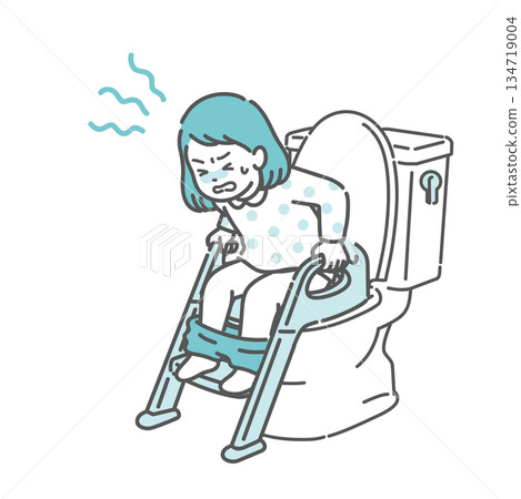 圖：一個女孩在廁所裡用力排便，摀著肚子，痛苦不堪（便秘、腹瀉、腹痛、如廁訓練） 134719004