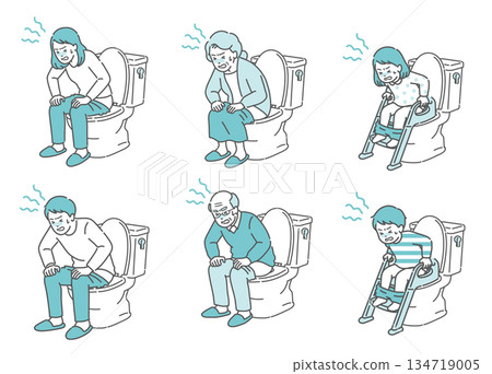 一組描繪人們在廁所裡痛苦的插圖（各個年齡段，男女老少，便秘、腹瀉、腹痛） 134719005