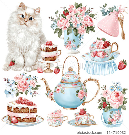 set of cute teddy bear and flowers 134719082