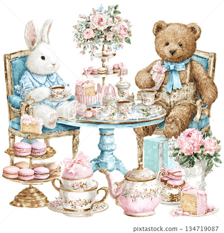 set of cute teddy bear and flowers 134719087