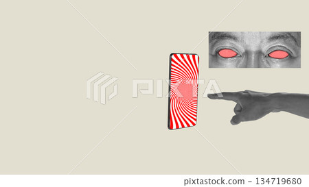 Finger pointing at a cellphone with a hypnotic spiral pattern on its screen, representing mind control, with a pair of eyes with the same hypnotic spiral. Collage art. Concept of Hypnotic Finger pointing at a cellphone with a hypnotic spiral pattern on its screen, representing mind control, with a pair of eyes with the same hypnotic spiral. Collage art. Concept of Hypnotic 134719680