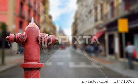 Red fire hydrant with blurred city street and buildings in the background 134719705