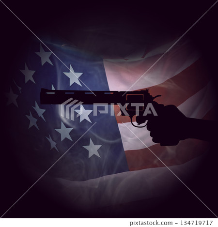 Human hand holding a revolver handgun against a United States of America flag background. Concept of gun violence 134719717