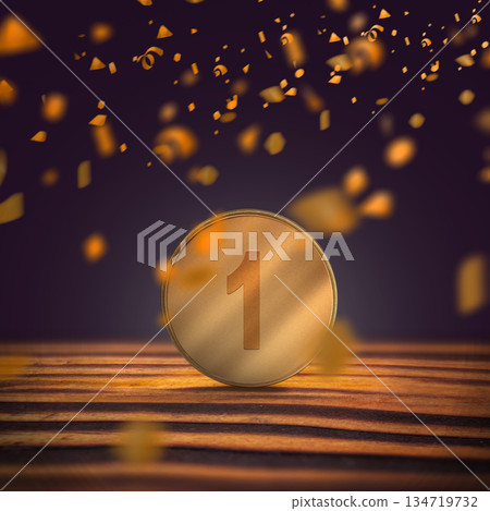 Golden coin featuring the number one with falling golden confetti creating a celebratory atmosphere. Concept of a winner Golden coin featuring the number one with falling golden confetti creating a celebratory atmosphere. Concept of a winner 134719732