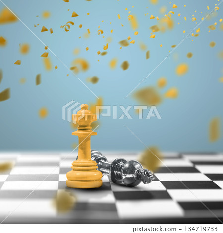 Brown queen chess piece standing victorious over fallen black king chess pieces with golden confetti falling in the background. Concept of Winner Brown queen chess piece standing victorious over fallen black king chess pieces with golden confetti falling in the background. Concept of Winner 134719733