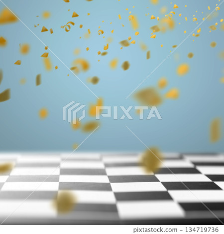 Chessboard surface with colorful bokeh lights background. Mockup, template, or copy space. Product display and promotional content 134719736