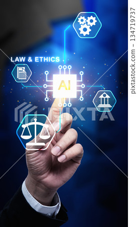 Artificial intelligence linked with legal and ethical considerations, and the importance of responsible AI development. Finger touches the AI icon. Concept of AI Law and Ethnic 134719737