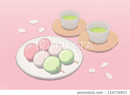春季插畫,描繪了櫻花花瓣、三種餃子和日本茶。 春季插畫,描繪了櫻花花瓣、三種餃子和日本茶。 134719953
