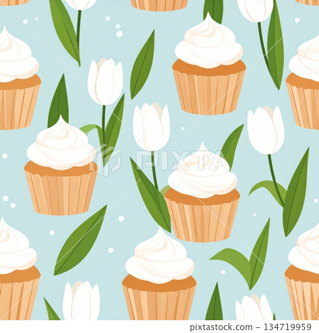 Minimal Seamless Pattern Cupcake and White Tulip 134719959