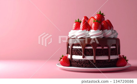 Chocolate Cake with Strawberries and Whipped Cream 134720086