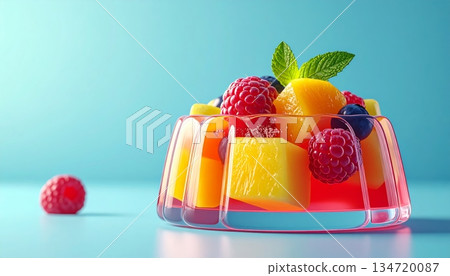 Transparent Gelatin Dessert with Fresh Fruit Inside 134720087