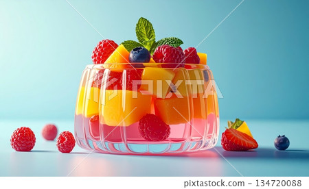 Transparent Gelatin Dessert with Fresh Fruit Inside 134720088