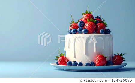 Vanilla Cake with Strawberries or Blueberries on Frosting 134720089