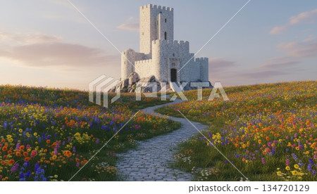 White Stone Castle on Hill with Flower Field and Path White Stone Castle on Hill with Flower Field and Path 134720129