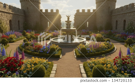 English Garden in Castle with Fountain and Flowers English Garden in Castle with Fountain and Flowers 134720133