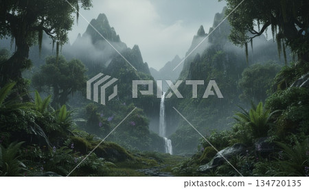 Misty Mountain with Light Rain and Small Waterfall Misty Mountain with Light Rain and Small Waterfall 134720135