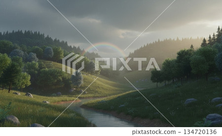 Mixed Forest and Hills with Light Rain and Rainbow Mixed Forest and Hills with Light Rain and Rainbow 134720136