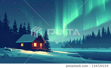 Wooden Cabin with Northern Lights at Night Wooden Cabin with Northern Lights at Night 134720154