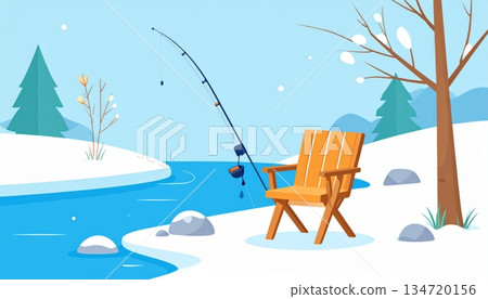 Small Wooden Chair and Fishing Rod by Winter Stream 134720156