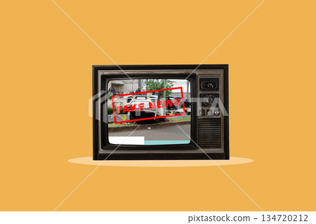 Vintage television displaying an image of a car accident, overlaid with a red stamp that reads "Fake News". Concept of misinformation, media manipulation, and digital deception 134720212