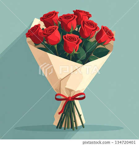 Red Rose Bouquet Wrapped in Paper Minimal Illustration 134720401