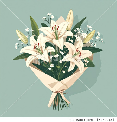 Lily Bouquet with Small White Flowers Wrapped in Paper Minimal Illustration 134720431