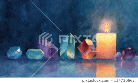 蠟燭和水晶靜物水彩插畫，營造出夢幻般的療癒氛圍 134720662