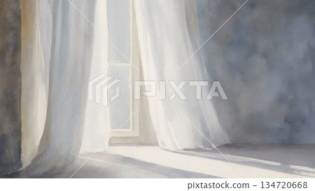 光線透過窗戶，映照在白色窗簾上，水彩背景素材 134720668