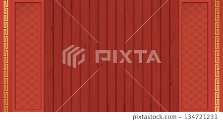 Cut timber panels red color graphic illustration with Chinese style decoration. Chinese New Year greeting card template have blank space. Cut timber panels red color graphic illustration with Chinese style decoration. Chinese New Year greeting card template have blank space. 134721231