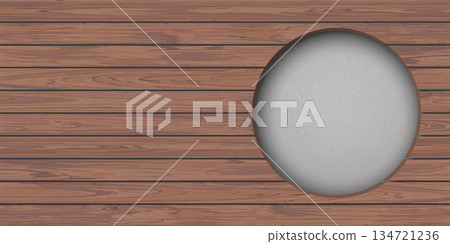 Cut timber panels mocha tone with circle hole have cement texture loft style behind graphic illustration. 134721236