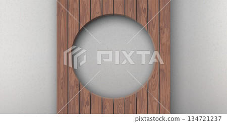 Cut timber panels mocha tone with circle hole have cement texture loft style behind graphic illustration. Cut timber panels mocha tone with circle hole have cement texture loft style behind graphic illustration. 134721237