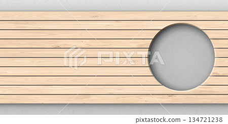 Cut timber panels whitewashed texture with circle hole have cement texture loft style behind graphic illustration. 134721238