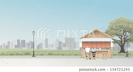 Cityscape with asian street food stall shop at sidewalk have skyscraper and blue sky background graphic illustration. 134721243
