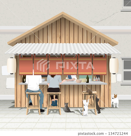 Asian street food wooden stall shop with customers are eating and cats are playing chaotically at sidewalk have building wall background graphic illustration. 134721244