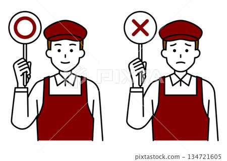 A male cafe employee holding up a circle and cross mark A male cafe employee holding up a circle and cross mark 134721605