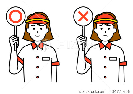 一名速食店女員工舉著一個圓圈/十字標記 134721606