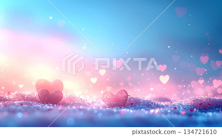 Romantic Pink Hearts in Dreamy Pastel Sunset With Sparkling Glitter and Bokeh 134721610