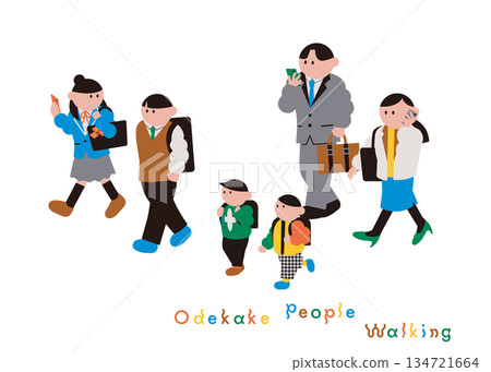 Set of illustrations of people walking in a line 134721664
