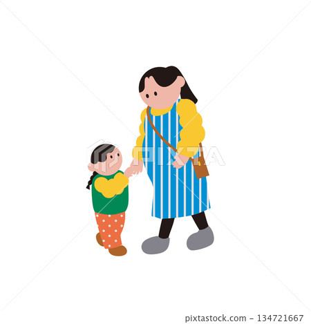 父母與孩子手牽手散步的插畫素材 134721667