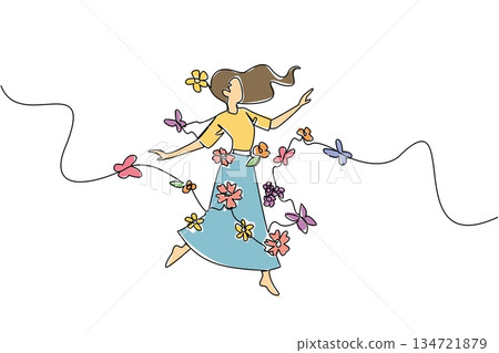 Single line drawing of woman dancing gracefully with colorful butterflies, symbolizing lightness and transformation. Therapeutic movement theme is for National Dance Movement Therapy Advocacy Day Single line drawing of woman dancing gracefully with colorful butterflies, symbolizing lightness and transformation. Therapeutic movement theme is for National Dance Movement Therapy Advocacy Day 134721879
