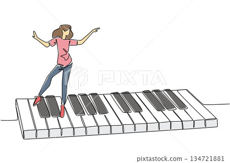One line drawing of woman with red shoes dancing on a piano keyboard with musical notes, representing rhythmic movement and expression. Artistic therapy theme for National Dance Movement Advocacy Day 134721881