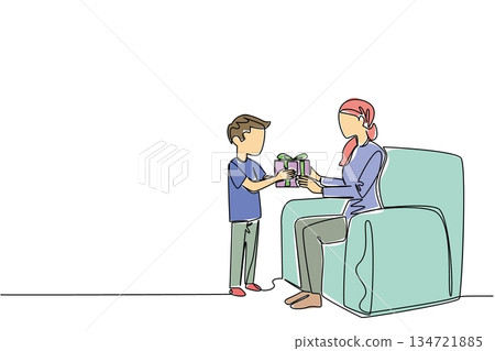 Single line draw of boy giving wrapped gift to his cancer survivor mother, family love concept. Thoughtful gesture is related to National Random Act of Light Day event, showing care and appreciation. Single line draw of boy giving wrapped gift to his cancer survivor mother, family love concept. Thoughtful gesture is related to National Random Act of Light Day event, showing care and appreciation. 134721885