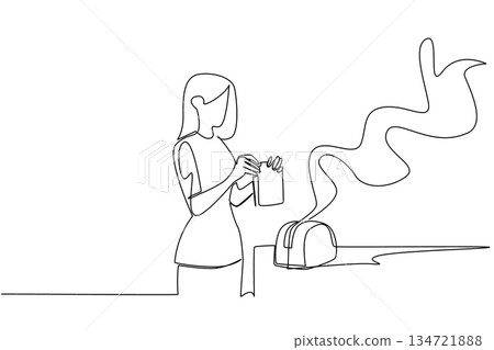 Single line draw of a woman looking confused and panicked as smoke billows from a toaster next to her, show burnt toast or other small kitchen failures. National Kitchen Klutzes of America Day event Single line draw of a woman looking confused and panicked as smoke billows from a toaster next to her, show burnt toast or other small kitchen failures. National Kitchen Klutzes of America Day event 134721888