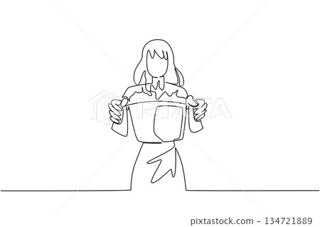 Woman holds a dripping mixer bowl in continuous line draw, celebrating National Kitchen Klutzes of America Day with a safety concept, portraying spill, mess, cleanup, caution, and learning. 134721889